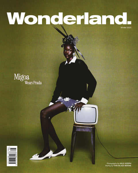 Migoa covers the Winter 2023 issue wearing Prada